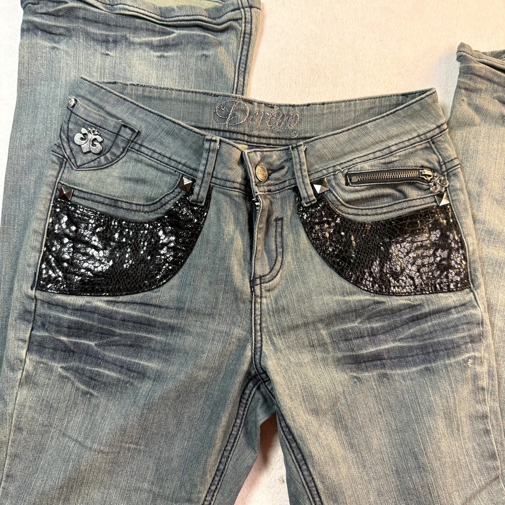 Dereon Y2K Embellished Bootcut Jeans Women 7 Blue Rhinestone Insane Studded
